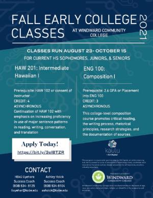 Fall Early College (not dual credit) Courses through WCC & KS